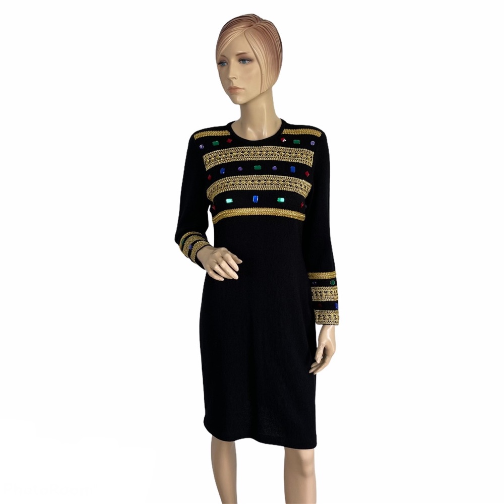 Vintage Liz Claiborne Jewel Embellished Knit Dress Petite Small Black